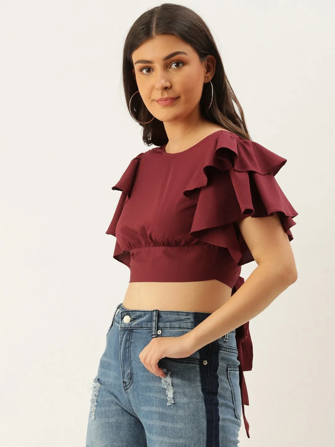 Berrylush Women Solid Maroon Flutter Sleeves Blouson Top