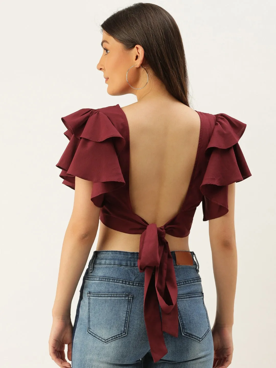 Berrylush Women Solid Maroon Flutter Sleeves Blouson Top