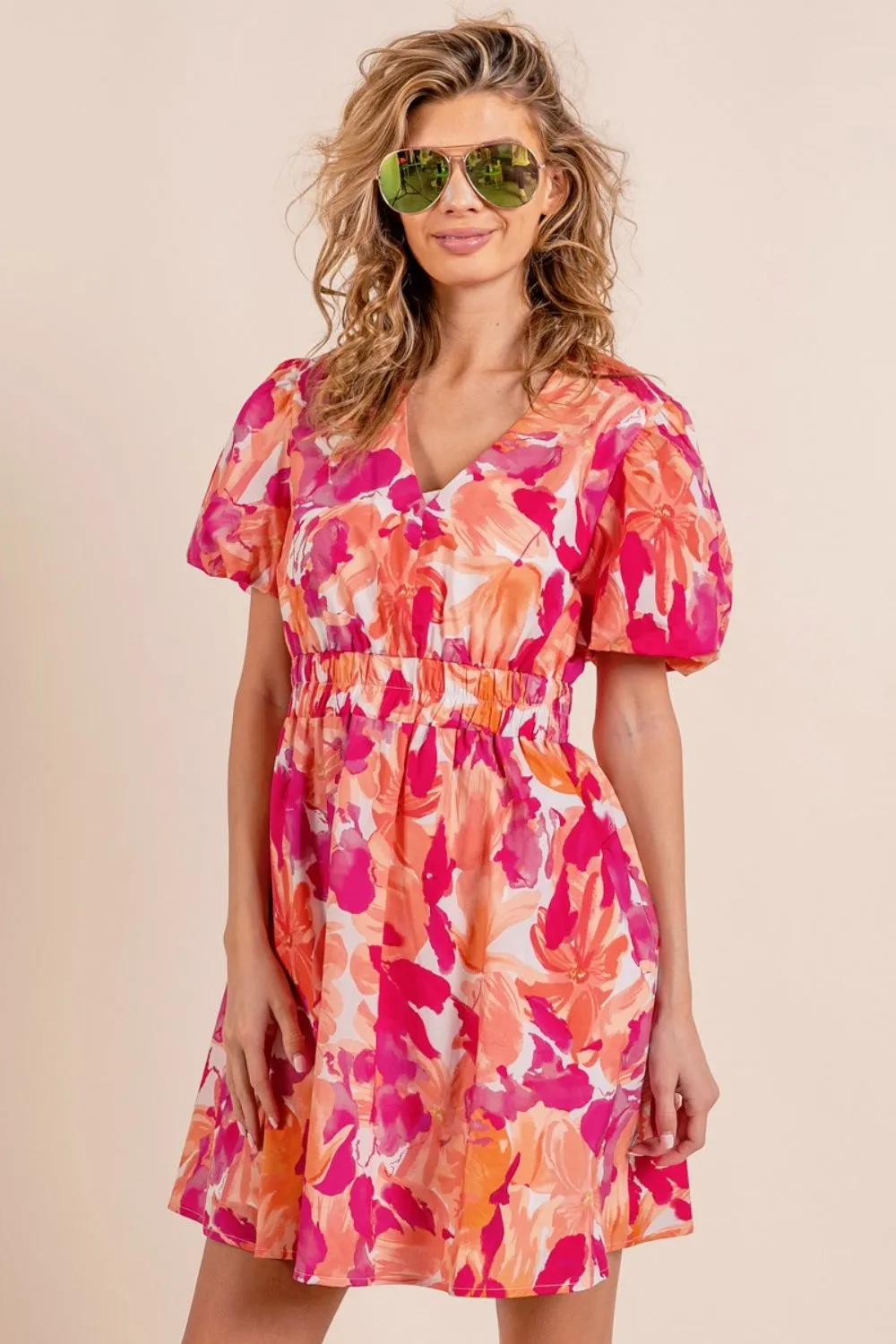 BiBi Floral V-Neck Puff Sleeve Mini Dress