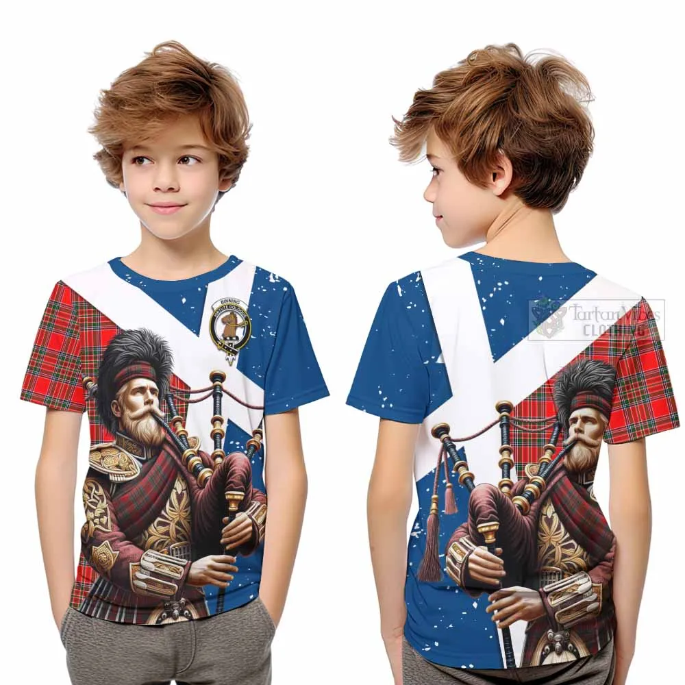 Binning Tartan Kid T-Shirt with Family Crest Scottish Bagpiper Vibes