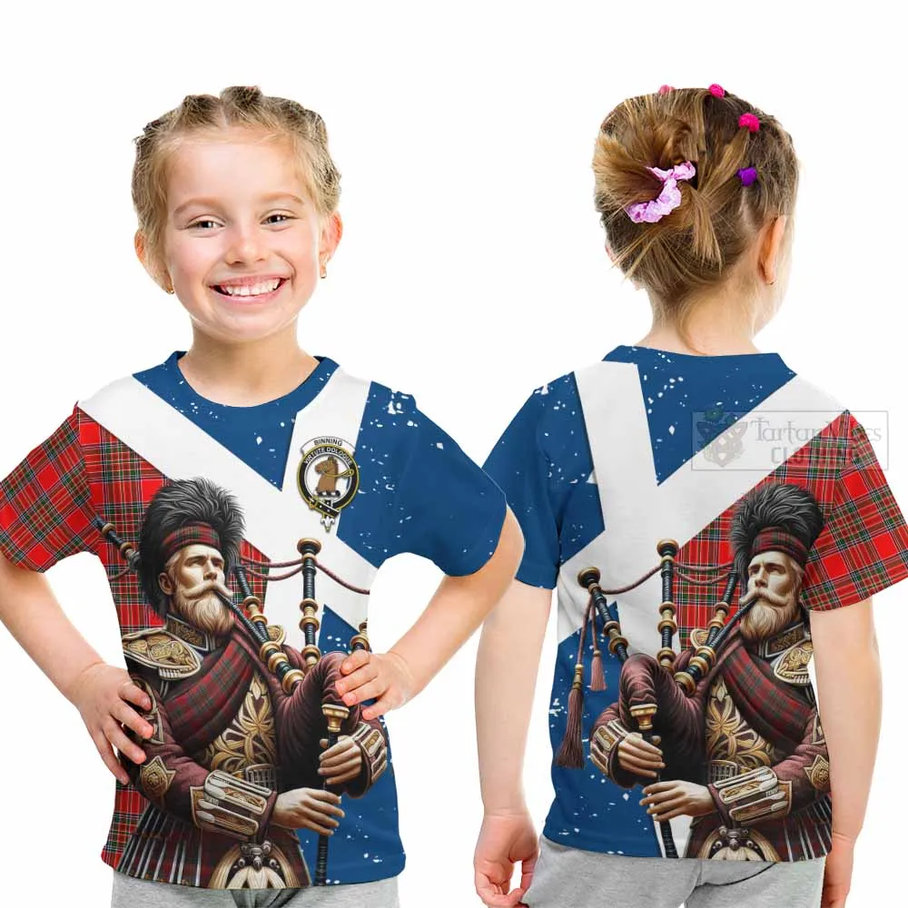 Binning Tartan Kid T-Shirt with Family Crest Scottish Bagpiper Vibes