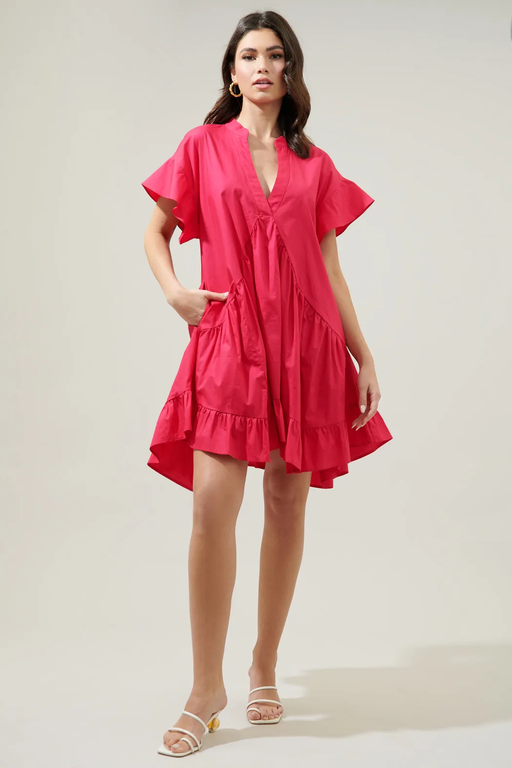 Birdie Deep V Mini Poplin Shift Dress