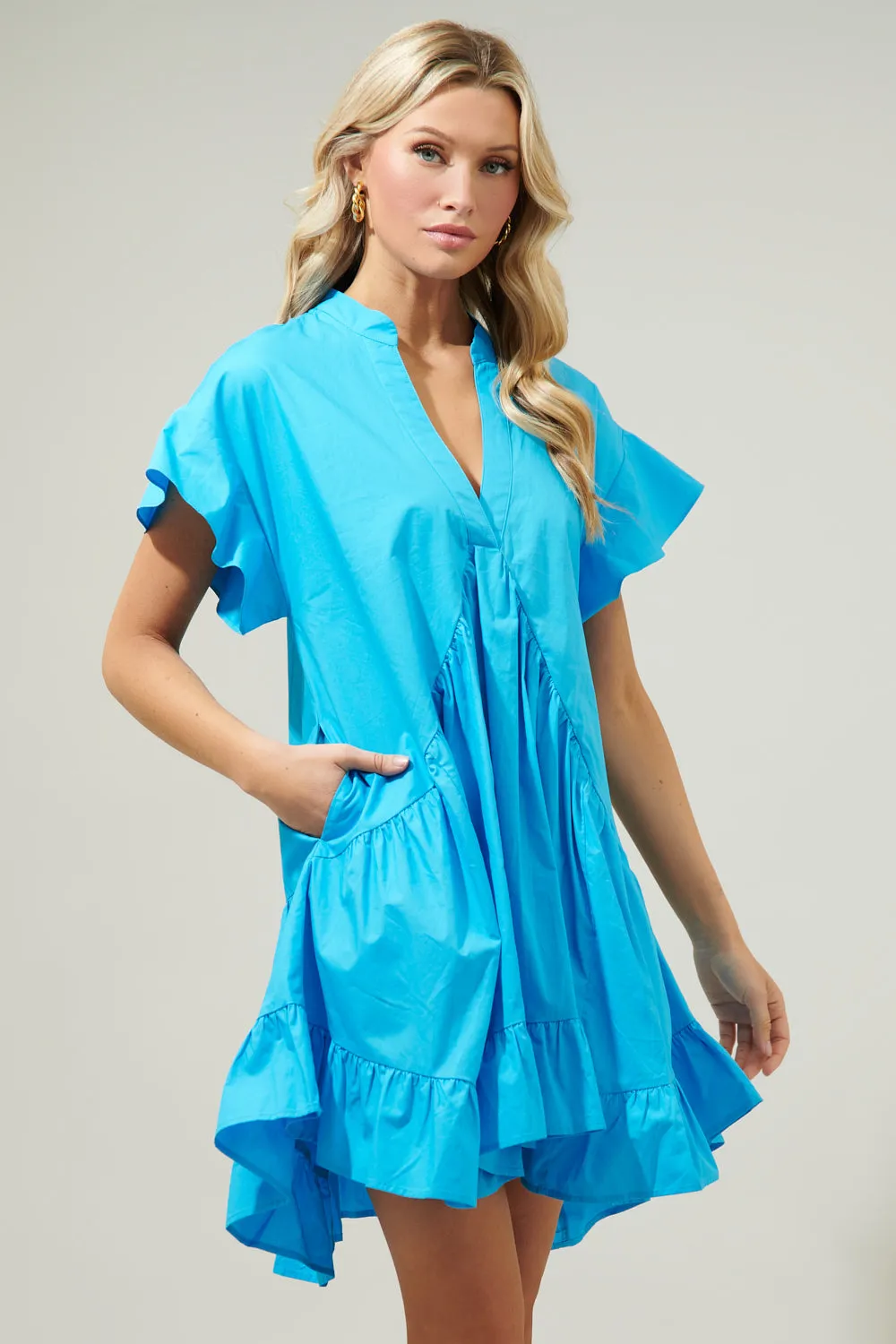 Birdie Deep V Mini Poplin Shift Dress