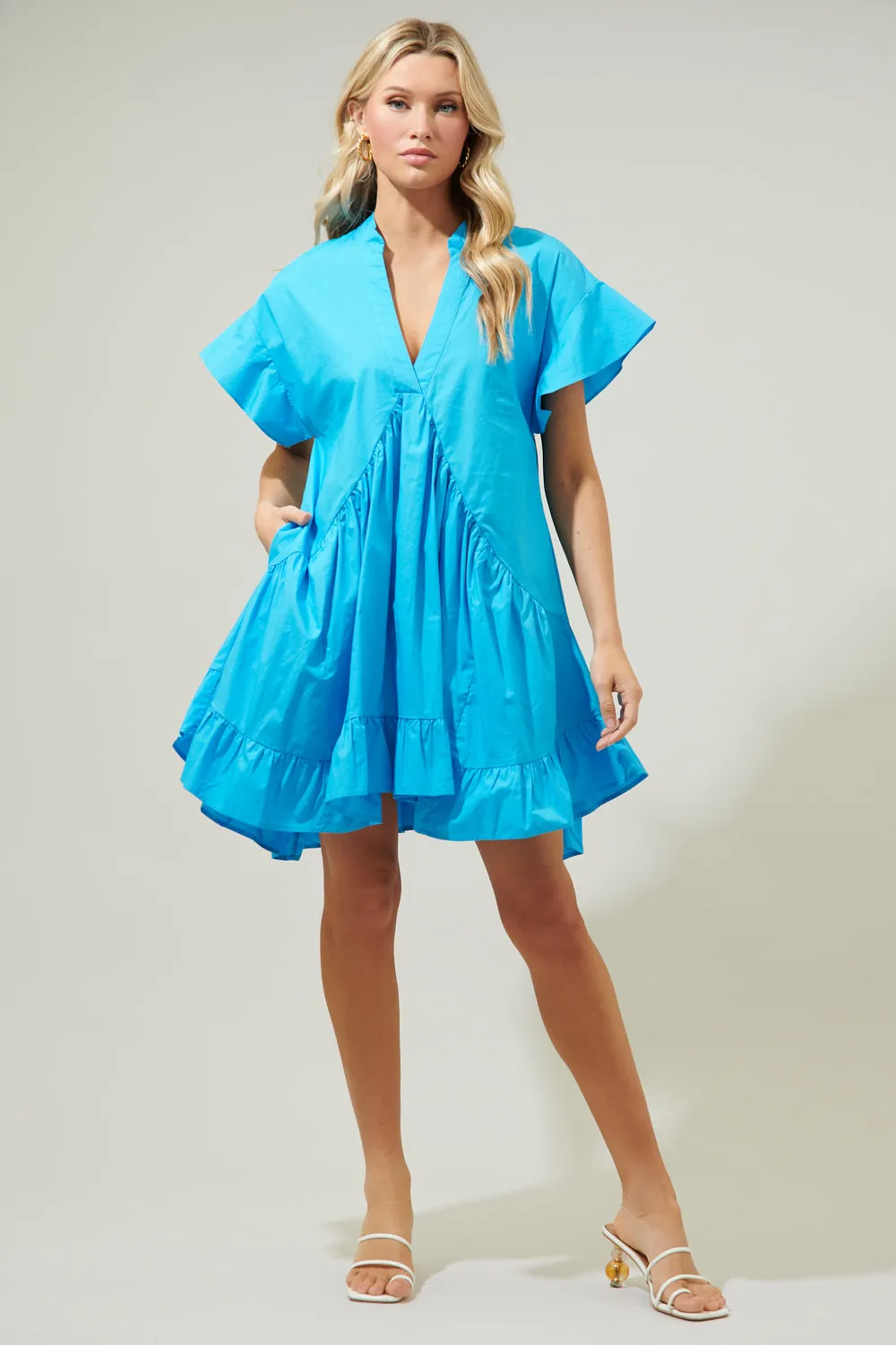 Birdie Deep V Mini Poplin Shift Dress