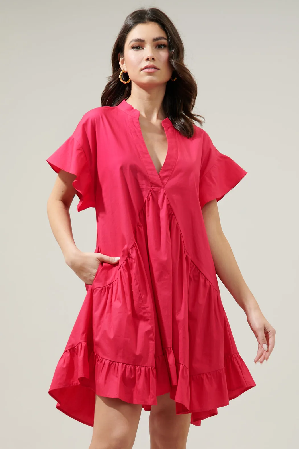 Birdie Deep V Mini Poplin Shift Dress