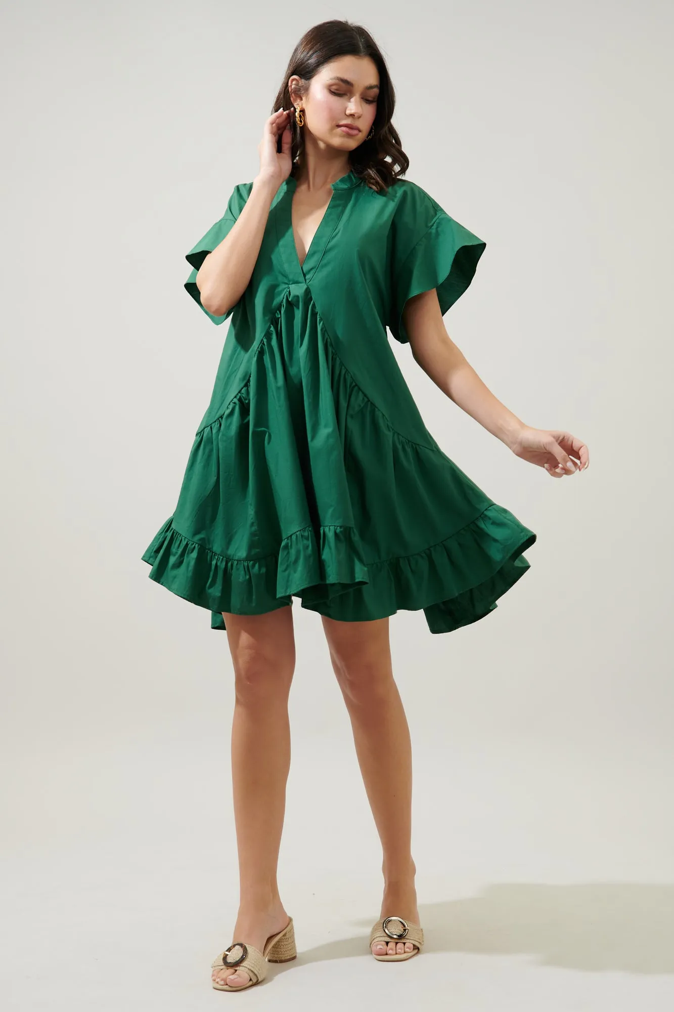 Birdie Deep V Mini Poplin Shift Dress