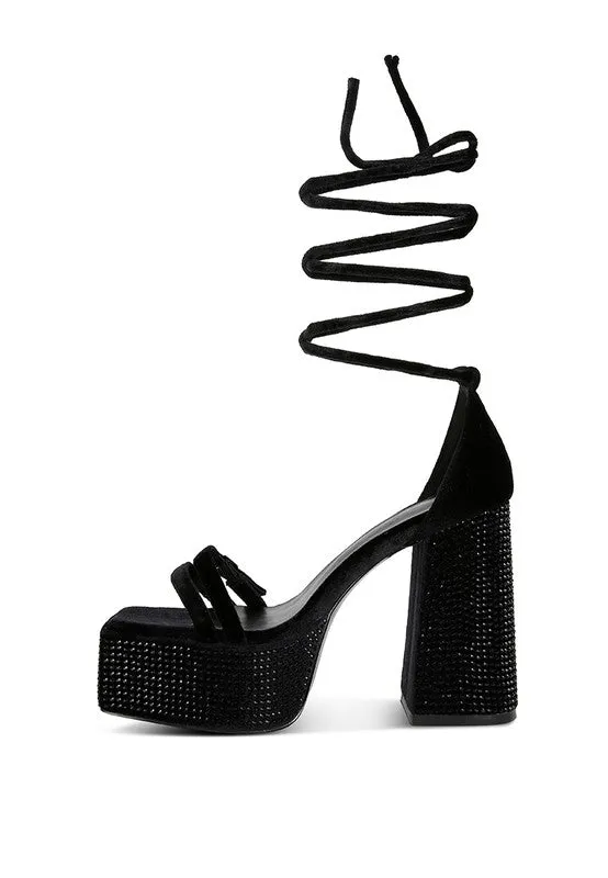 Black Firecrown High Platform Diamante Lace Up Sandals