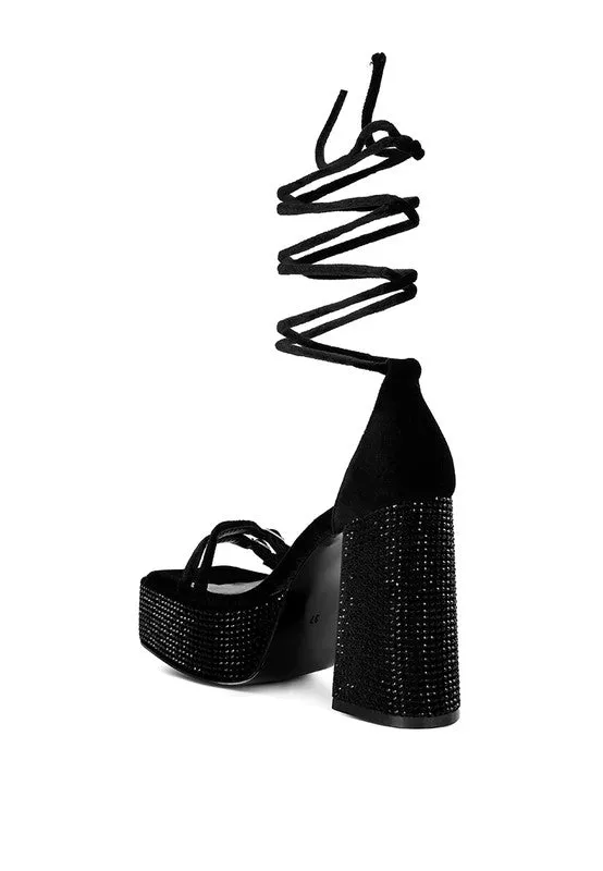 Black Firecrown High Platform Diamante Lace Up Sandals