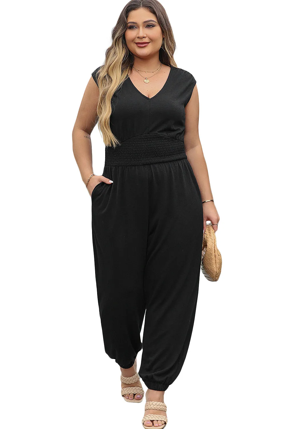 Black Plus Smocked High Waist Sleeveless V Neck Jumpsuit