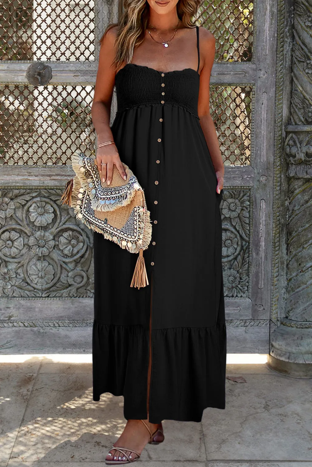 Black Smocked Button Pocketed Spaghetti Strap Maxi Dress