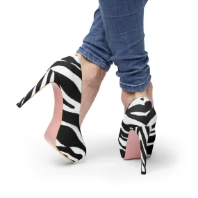 Black Zebra Women's Heels, White Stripe Animal Print 4 inch Platform Pumps Stilettos Shoes