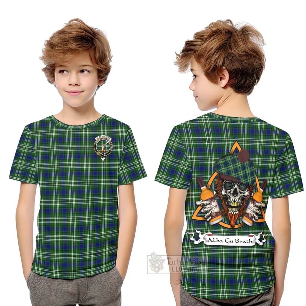 Blackadder Tartan Kid T-Shirt with Family Crest and Bearded Skull Holding Bottles of Whiskey