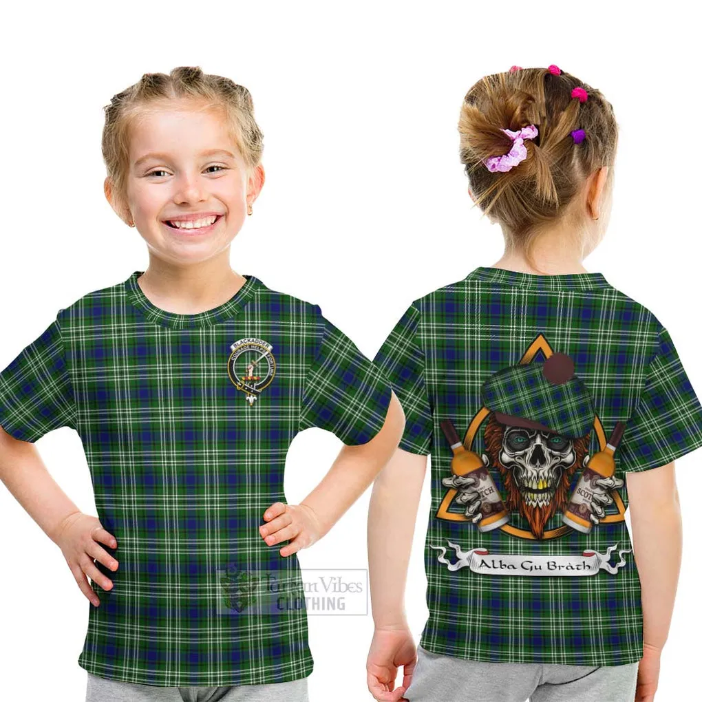 Blackadder Tartan Kid T-Shirt with Family Crest and Bearded Skull Holding Bottles of Whiskey