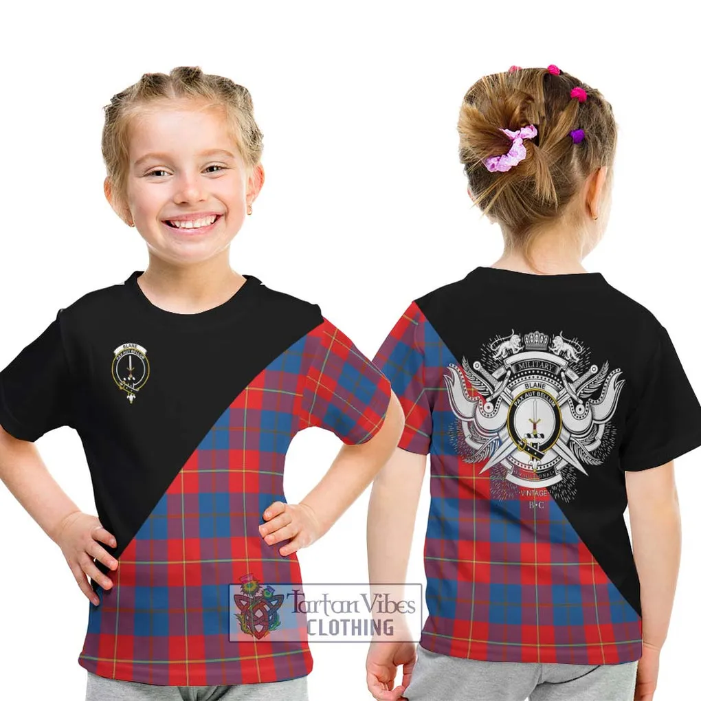 Blane Tartan Kid T-Shirt with Family Crest and Military Logo Style