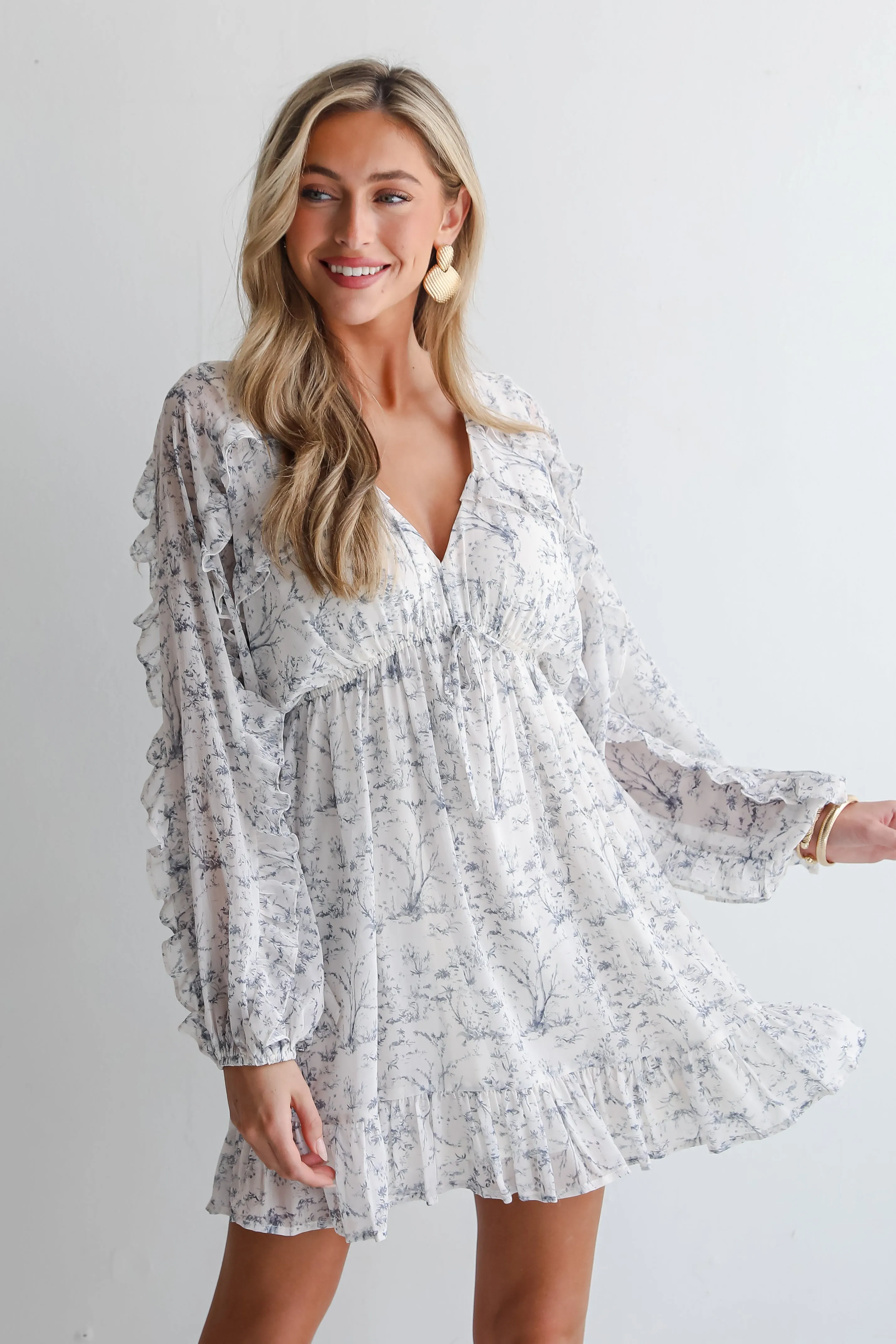 Blissful Blossoms Ivory Floral Ruffle Mini Dress