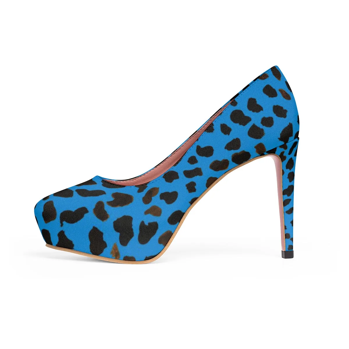 Blue Cow Print Heels, Brown Designer Animal Print Women's Platform Heels Pumps Stilettos