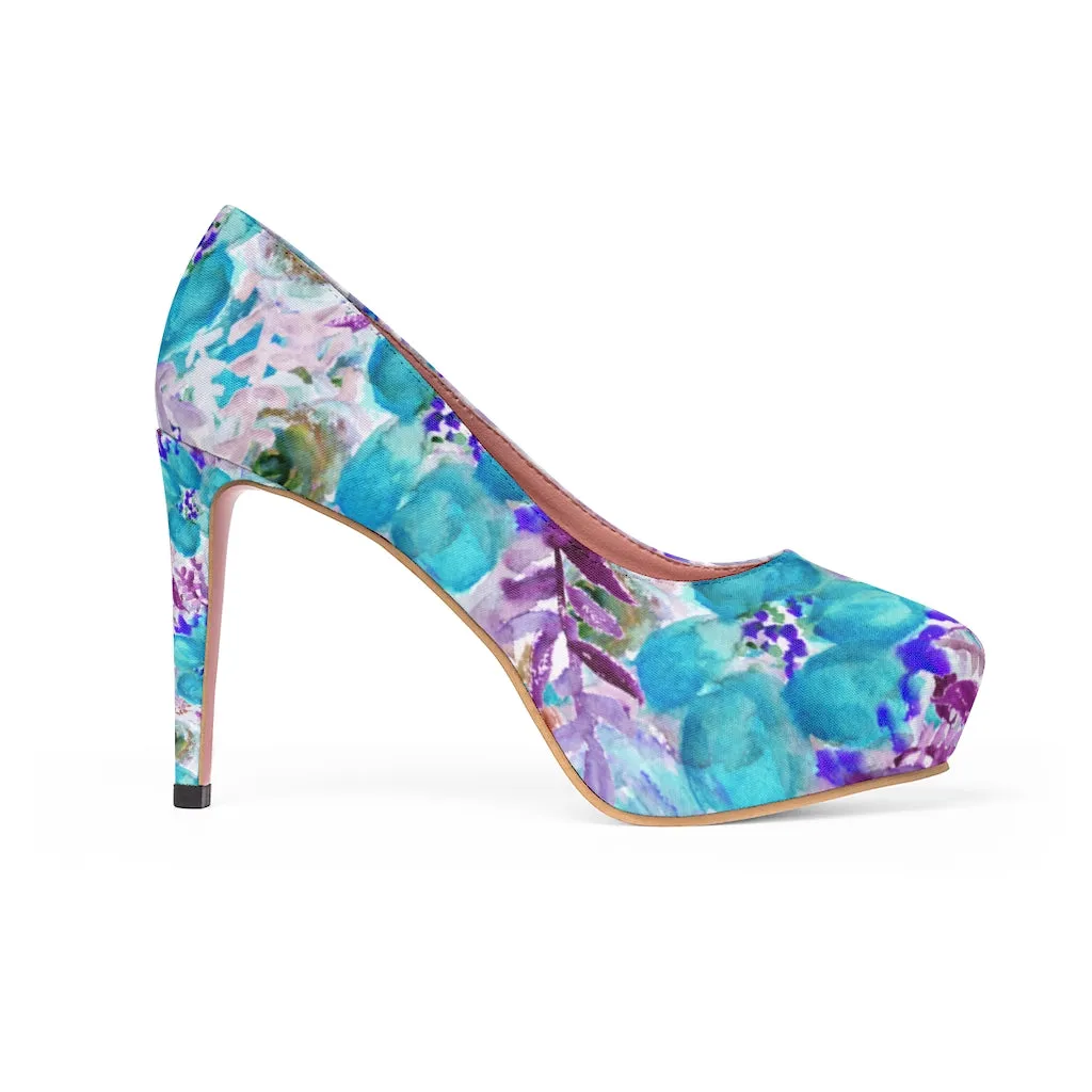 Blue Floral Women's Platform Heels, Mixed Abstract Rose Flower 4 inch Heels (US Size: 5-11)