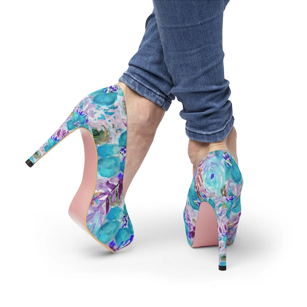 Blue Floral Women's Platform Heels, Mixed Abstract Rose Flower 4 inch Heels (US Size: 5-11)