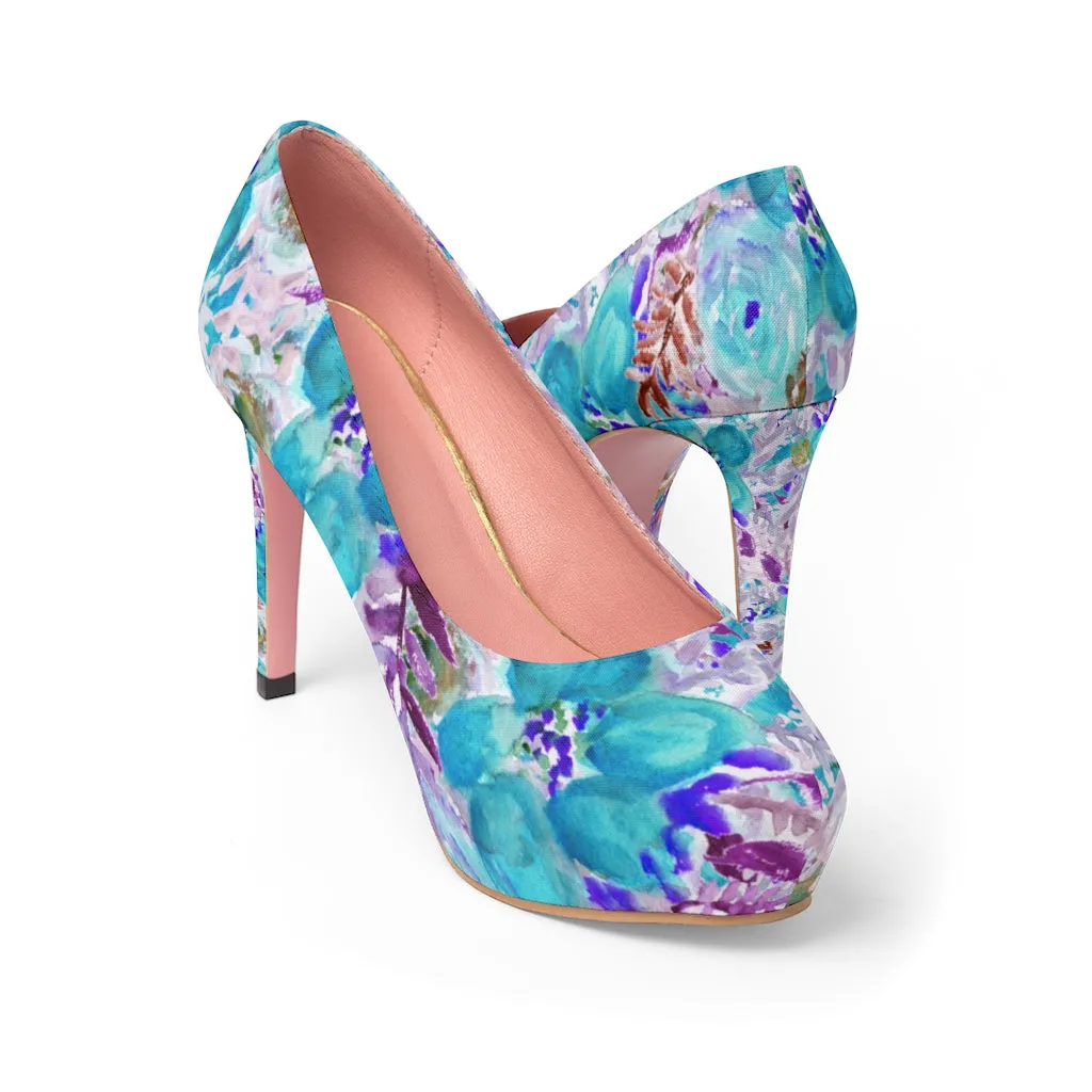 Blue Floral Women's Platform Heels, Mixed Abstract Rose Flower 4 inch Heels (US Size: 5-11)