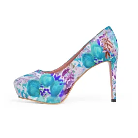 Blue Floral Women's Platform Heels, Mixed Abstract Rose Flower 4 inch Heels (US Size: 5-11)