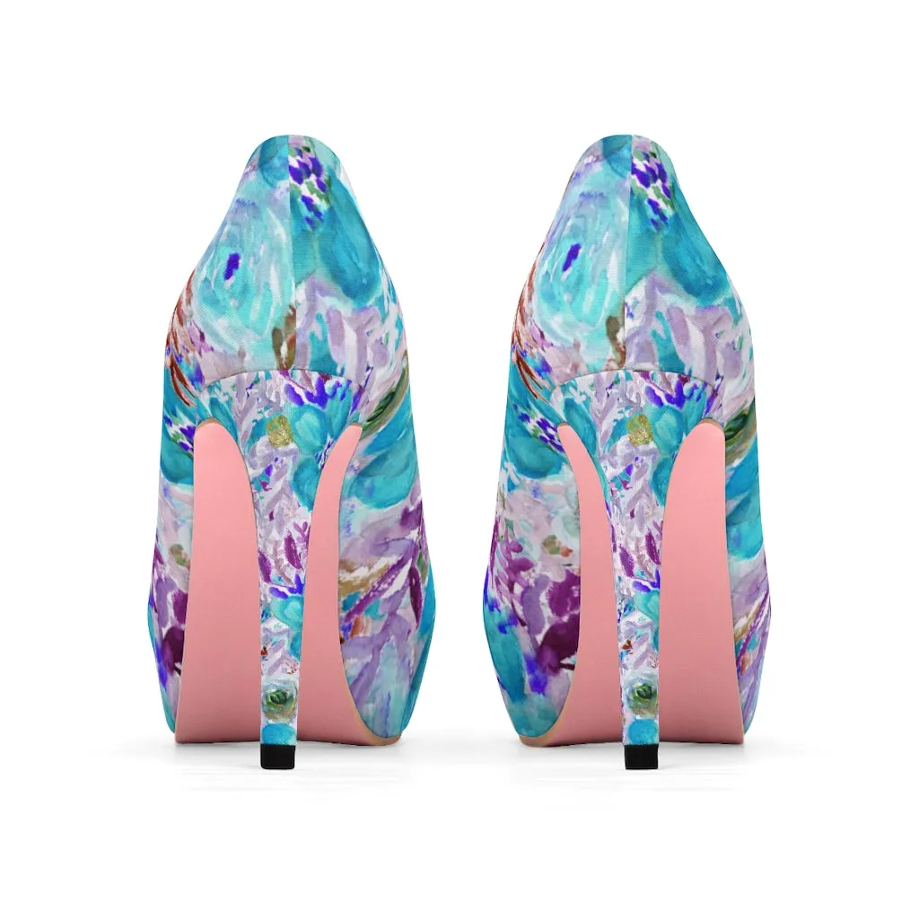 Blue Floral Women's Platform Heels, Mixed Abstract Rose Flower 4 inch Heels (US Size: 5-11)