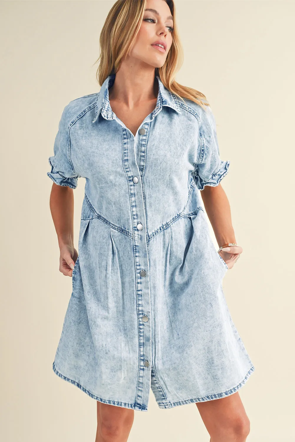 Blue Mineral Washed Ruffled Short Sleeve Pocketed Denim Dress