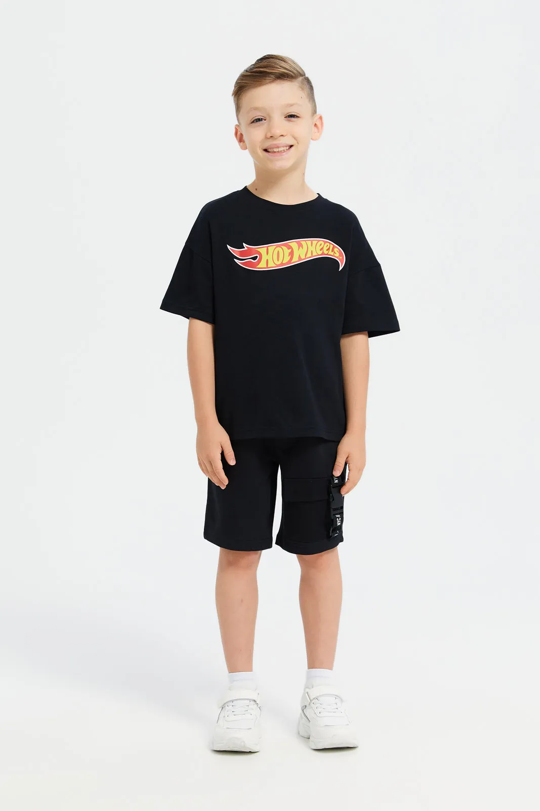 Boys Black Print Active  Shorts