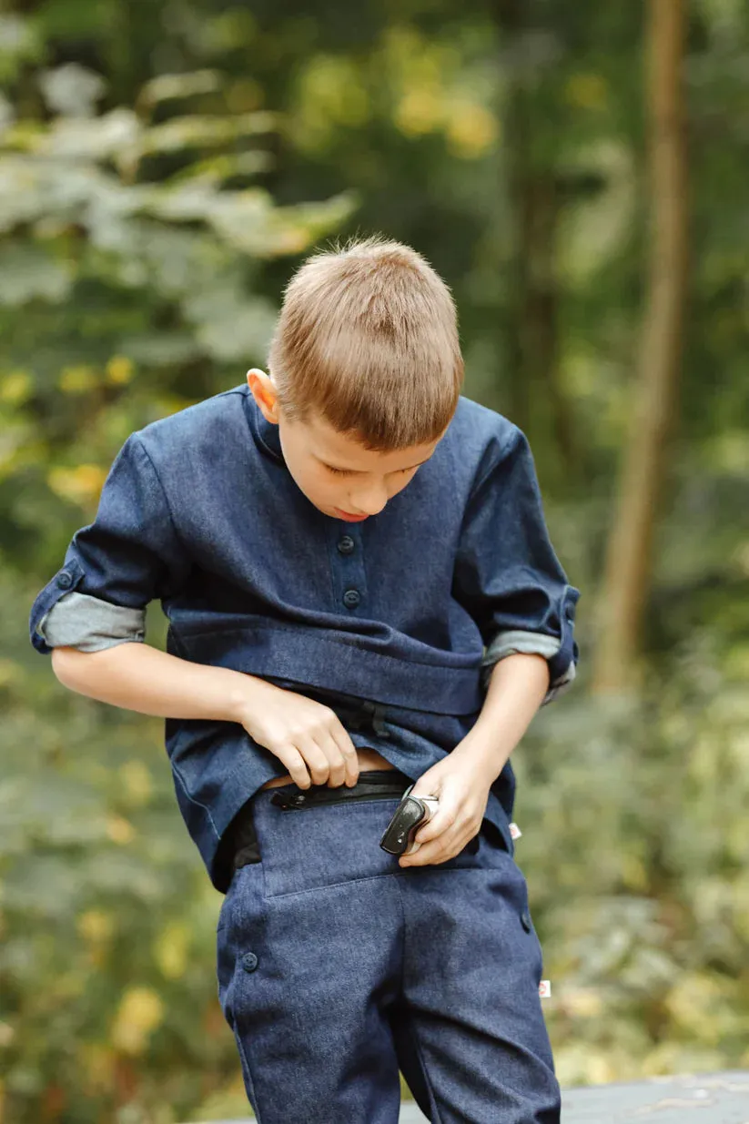 Boys' Stylish Blue Denim Long-Sleeve Shirt with Insulin Pump Pocket - 100% Organic Cotton