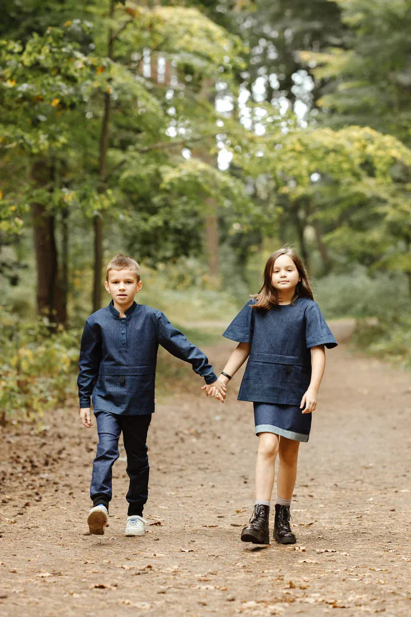 Boys' Stylish Blue Denim Long-Sleeve Shirt with Insulin Pump Pocket - 100% Organic Cotton