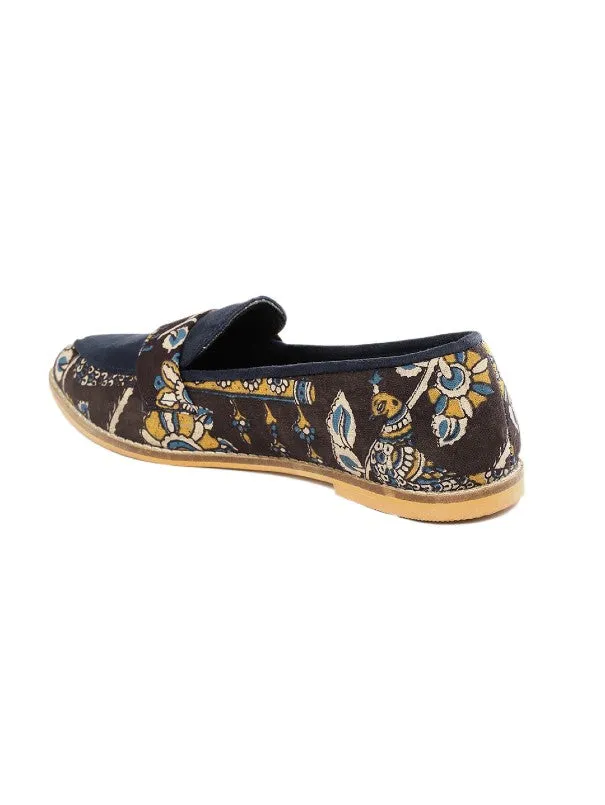 Brown & Navy Blue Floral Block Printed Slip-on Loafers