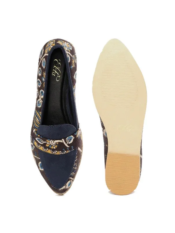 Brown & Navy Blue Floral Block Printed Slip-on Loafers