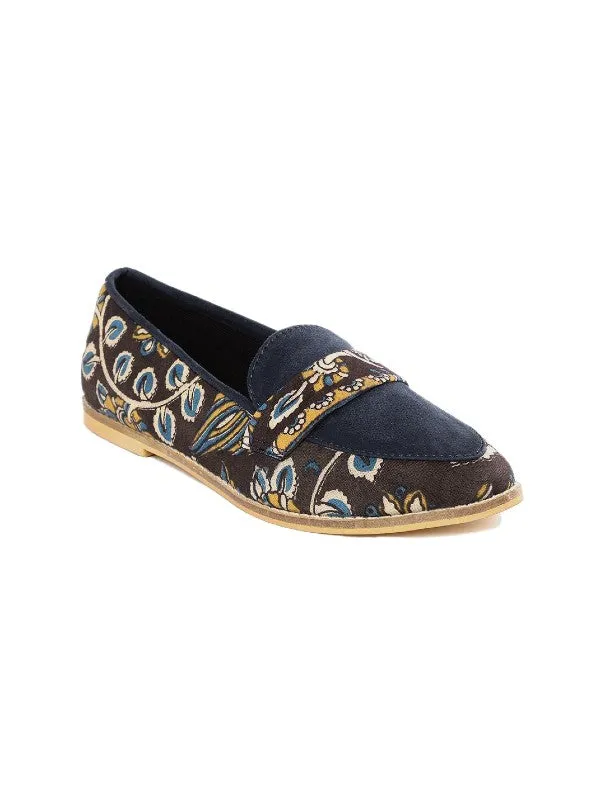 Brown & Navy Blue Floral Block Printed Slip-on Loafers