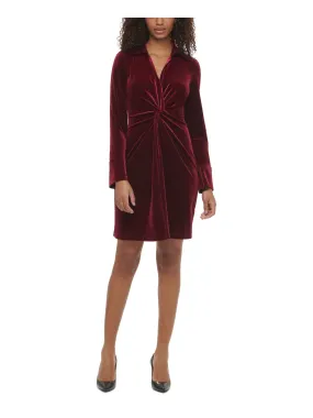 CALVIN KLEIN Womens Maroon Cuffed Sleeve Collared Above The Knee Cocktail Sheath Dress