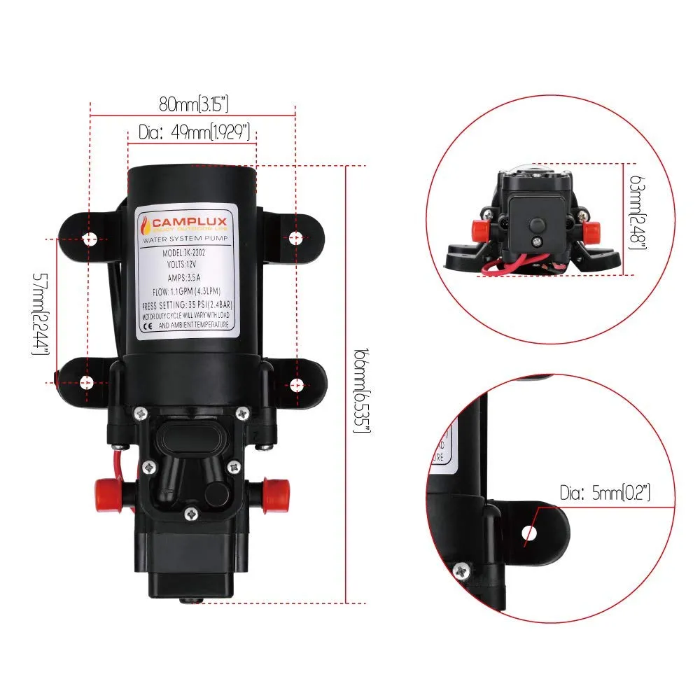 Camplux 12V Water Pump - 35PSI DC 1.2GPM 4.3LPM Diaphragm