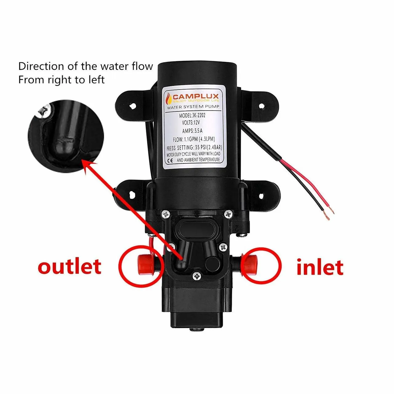 Camplux 12V Water Pump - 35PSI DC 1.2GPM 4.3LPM Diaphragm