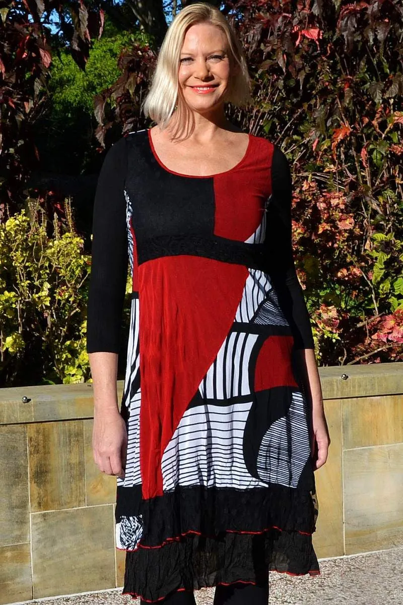 Celia Red Grey Tunic Dress