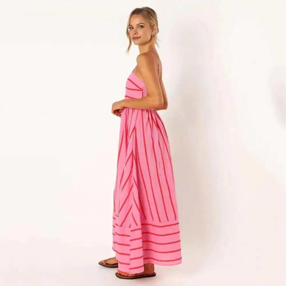 Chic Striped Backless Maxi Sundress with A-line Silhouette for Summer Beach Getaways