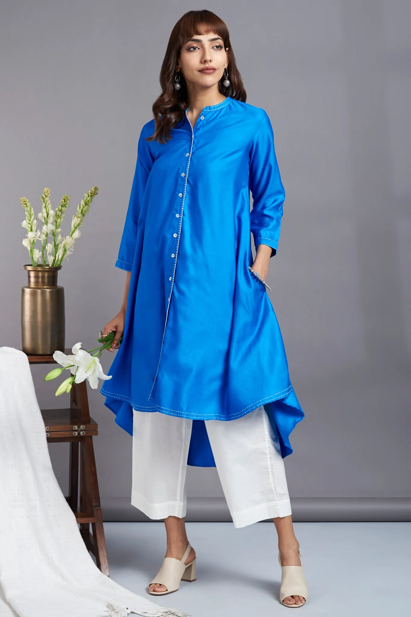 copper sulphate blue - luxe silk asymmetrical hemline button down tunic