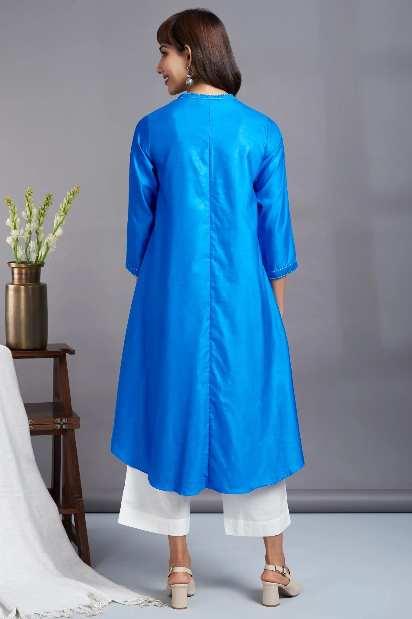 copper sulphate blue - luxe silk asymmetrical hemline button down tunic