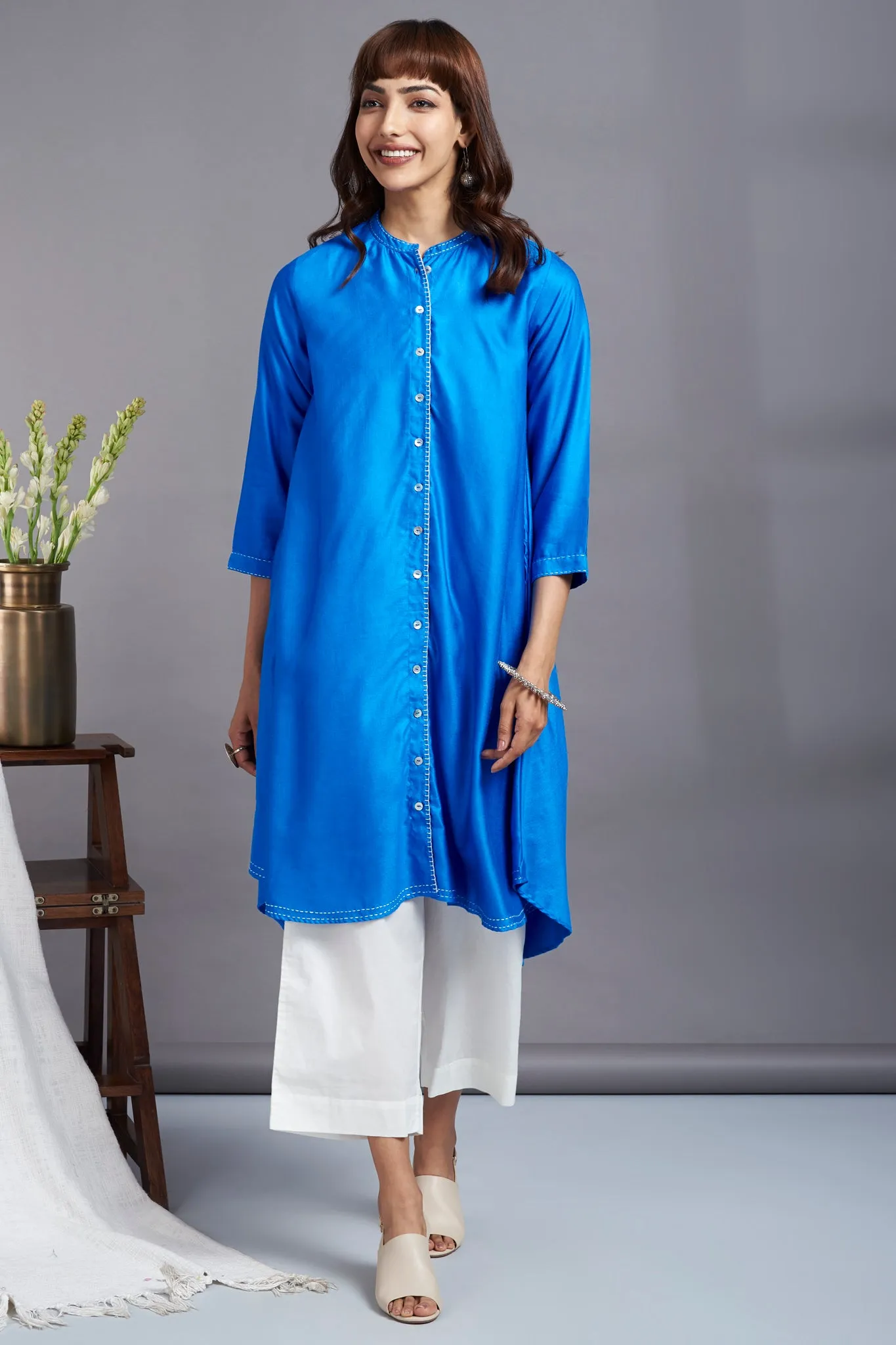 copper sulphate blue - luxe silk asymmetrical hemline button down tunic