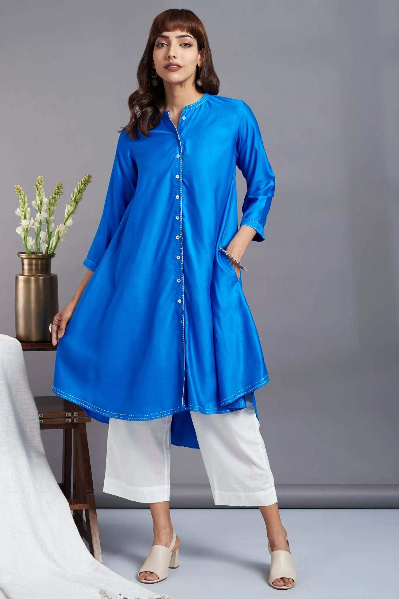 copper sulphate blue - luxe silk asymmetrical hemline button down tunic