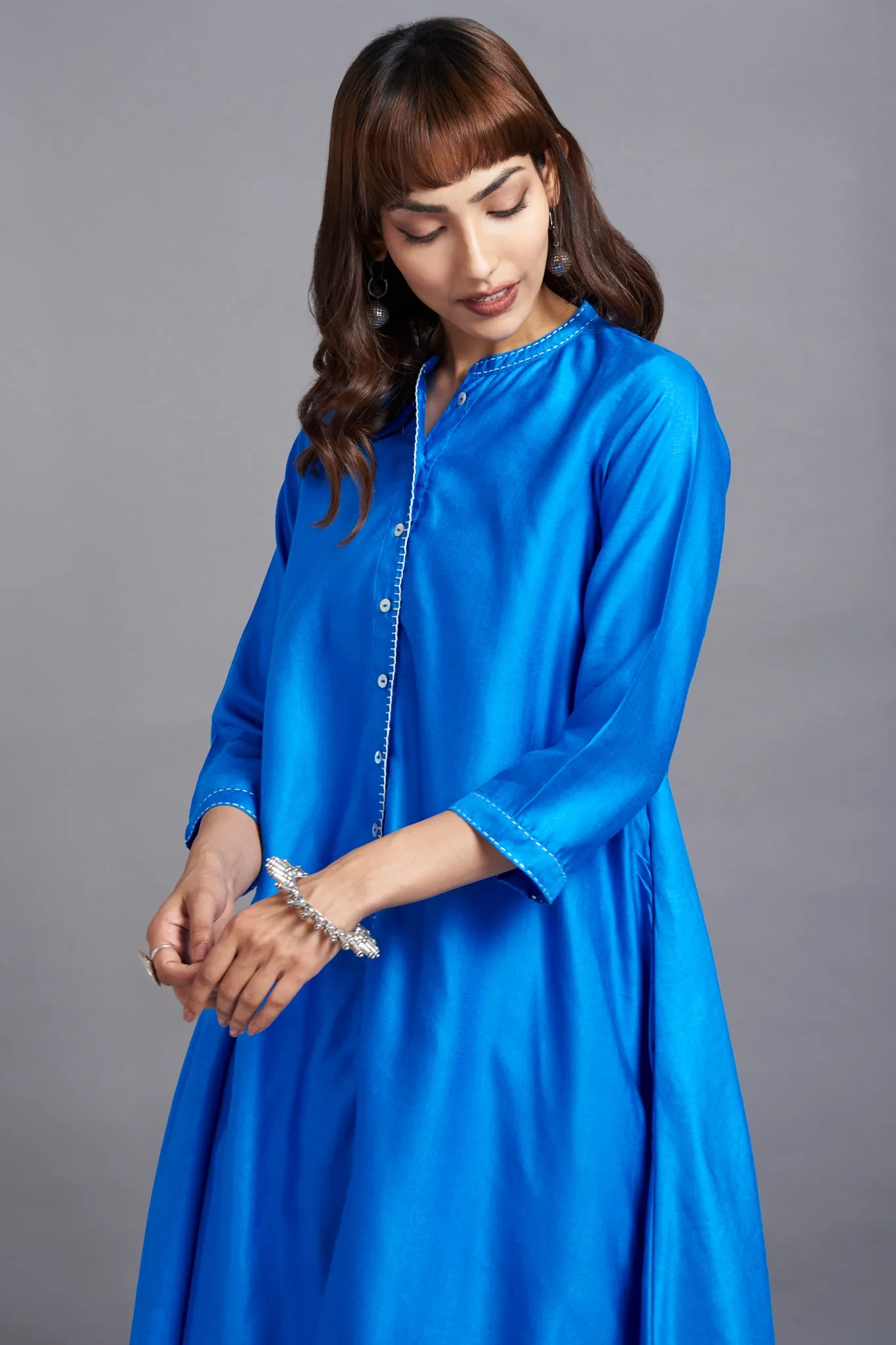 copper sulphate blue - luxe silk asymmetrical hemline button down tunic