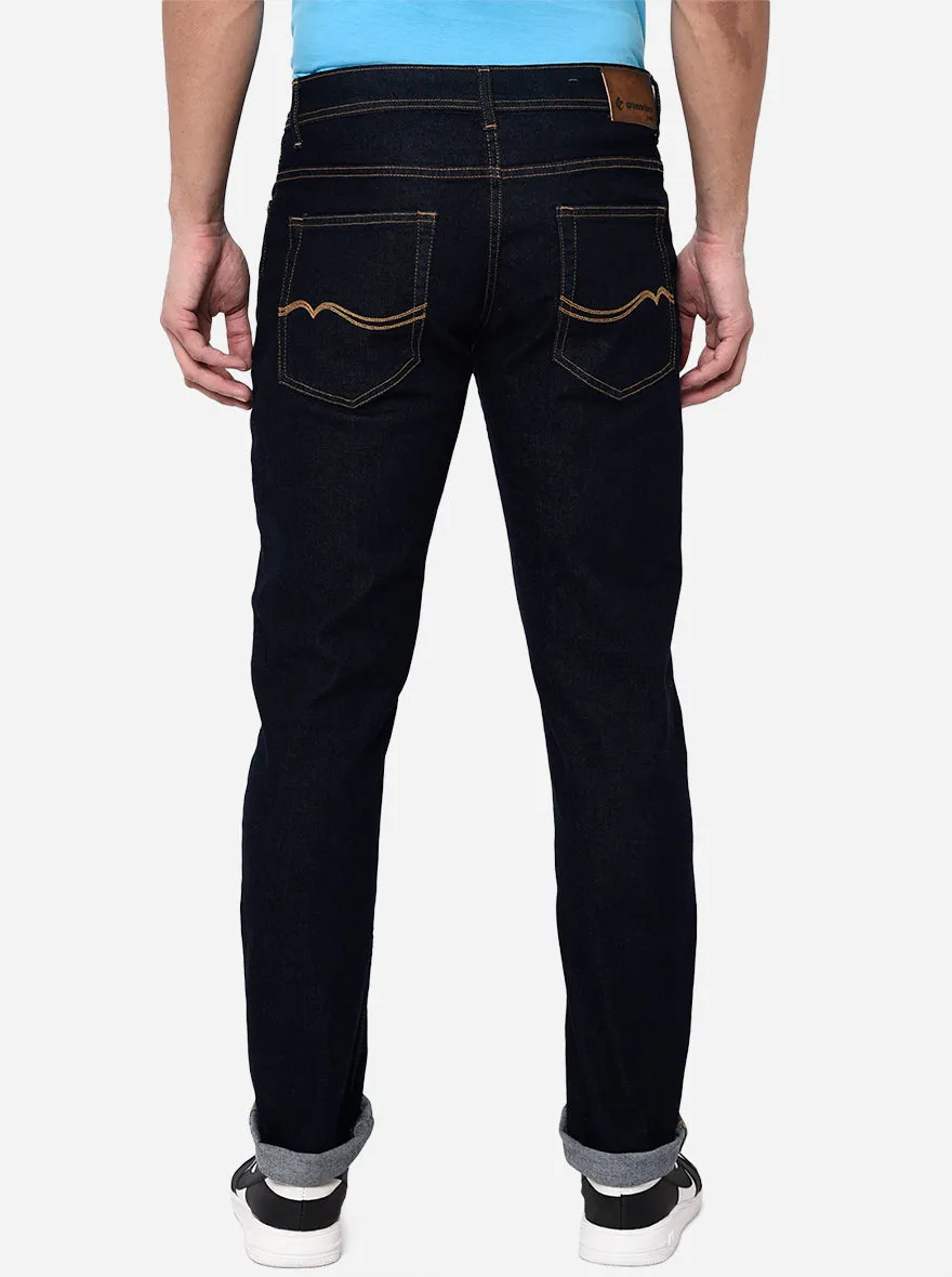 Dark Blue Solid Straight Fit Jeans | Greenfibre