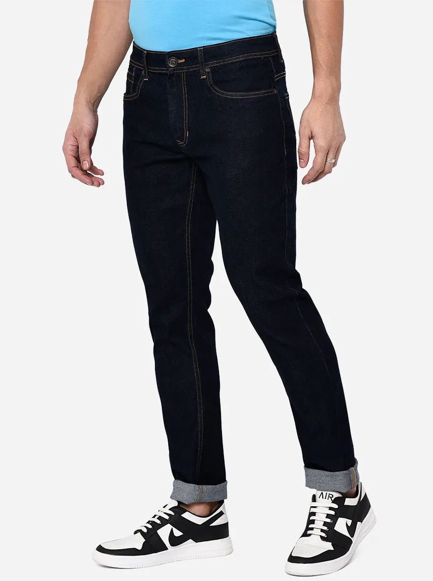 Dark Blue Solid Straight Fit Jeans | Greenfibre