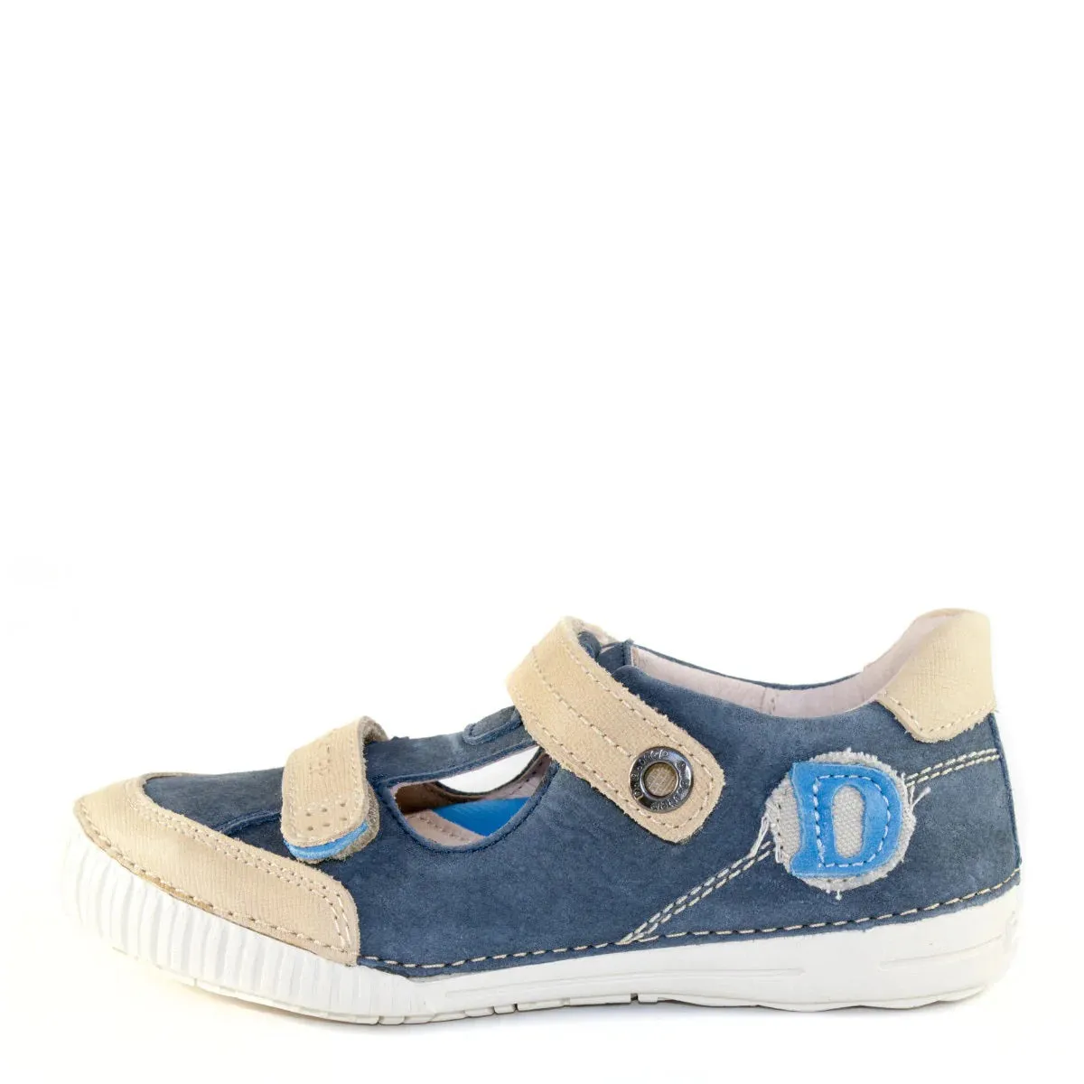 D.D. Step Little Kid Boy Double Strap Sandals/Open Shoes Blue And Beige With Letter "D" - Supportive Leather From Europe Kids Orthopedic