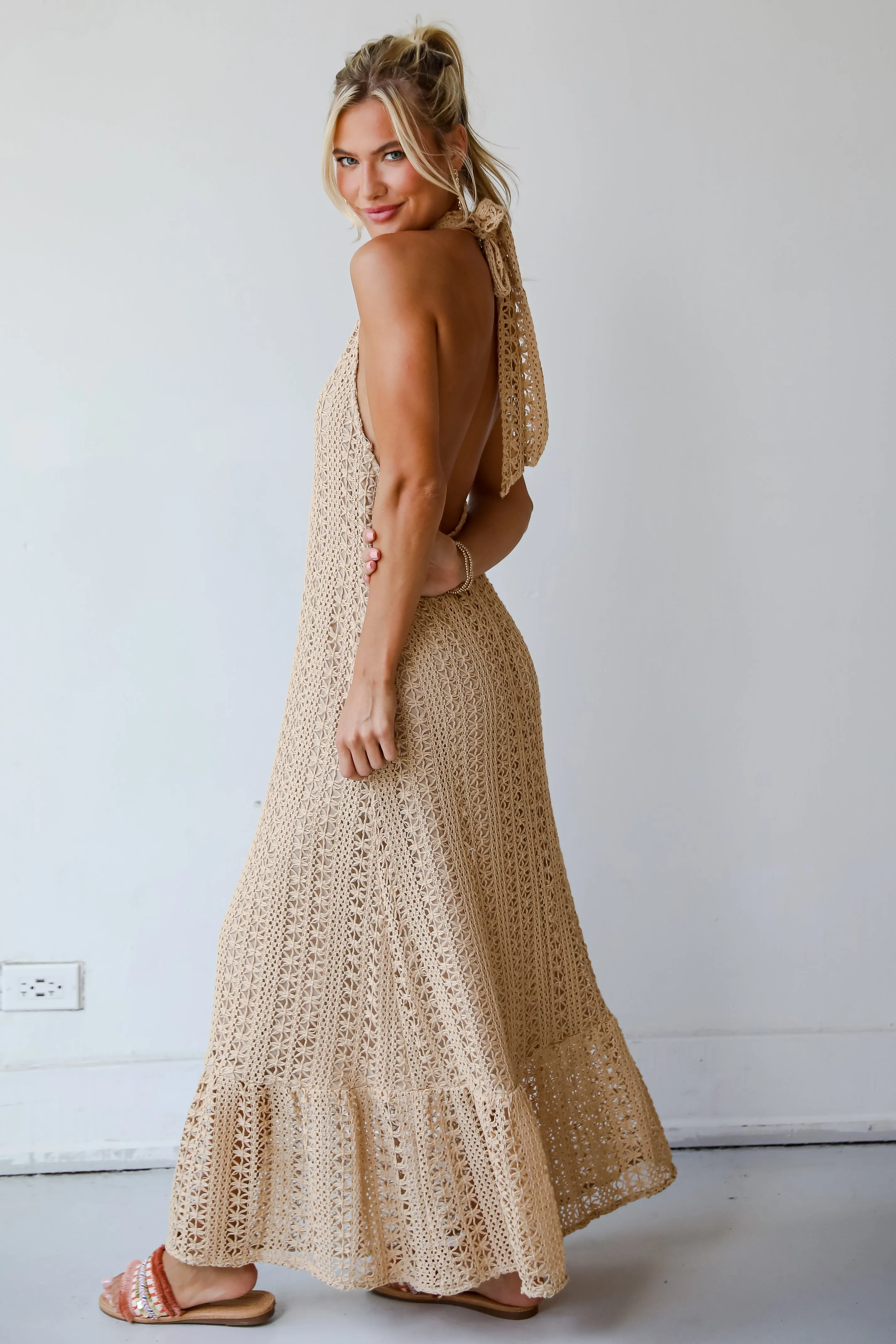 Divine Intentions Taupe Crochet Knit Halter Maxi Dress