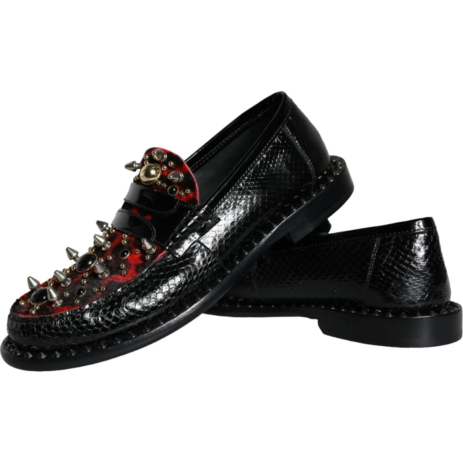 Dolce & Gabbana Black Leopard Print Studs Leather Loafers Shoes