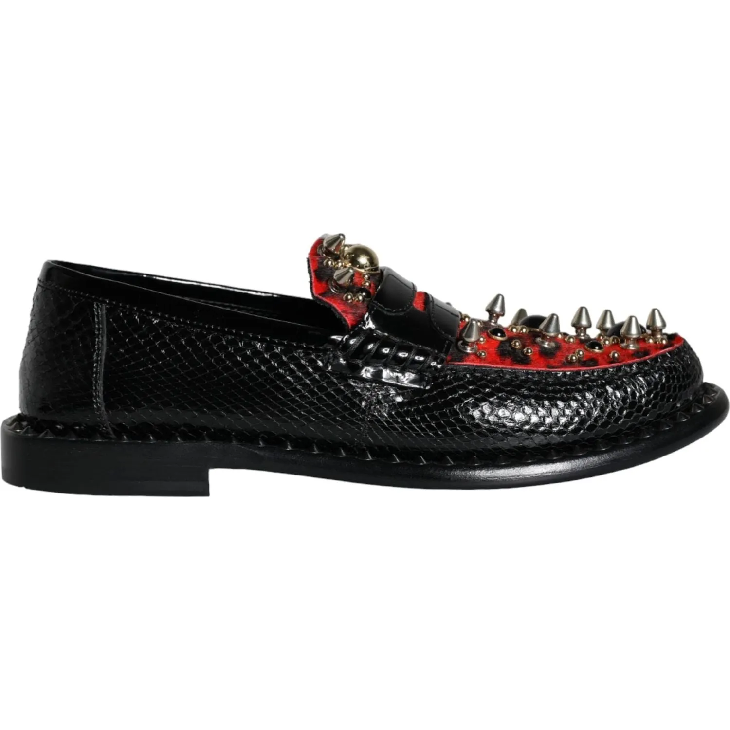 Dolce & Gabbana Black Leopard Print Studs Leather Loafers Shoes