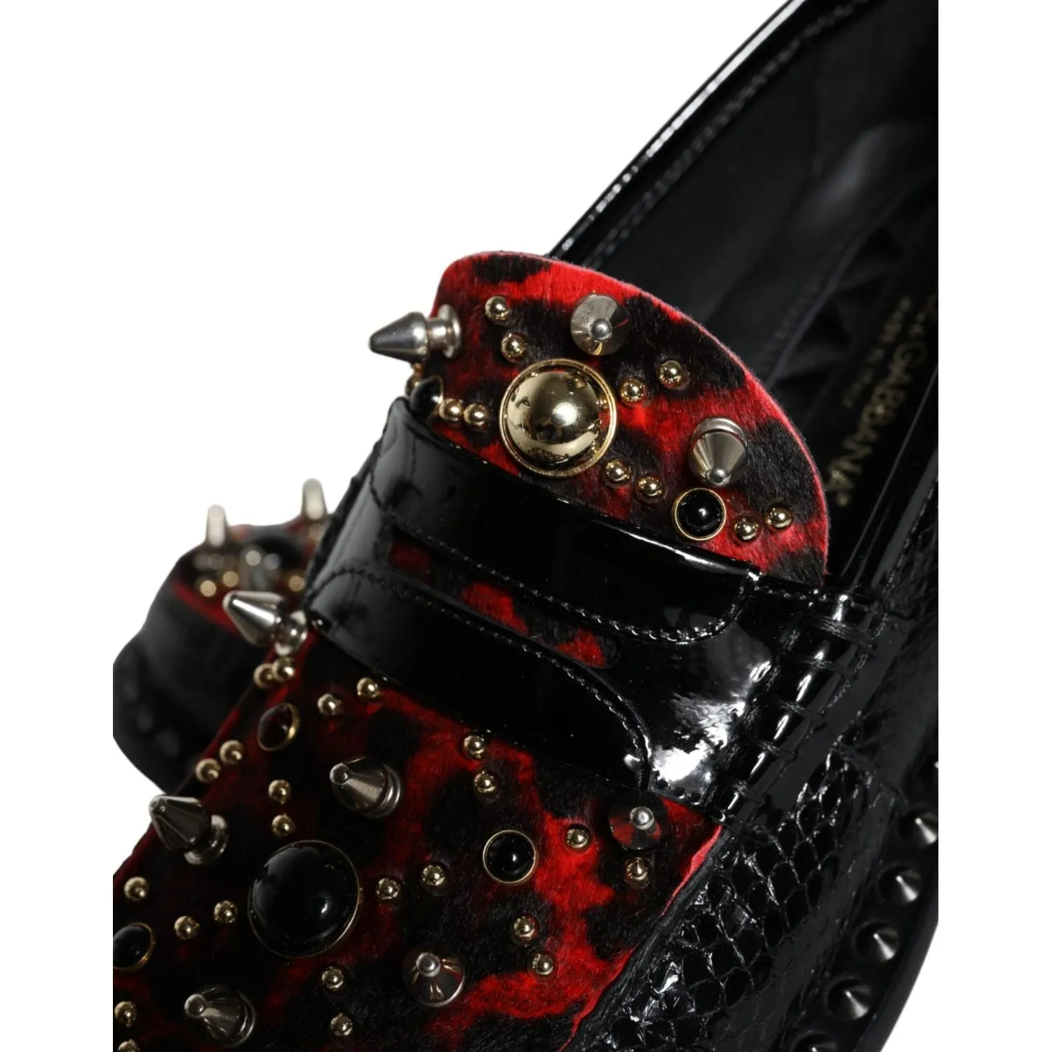 Dolce & Gabbana Black Leopard Print Studs Leather Loafers Shoes