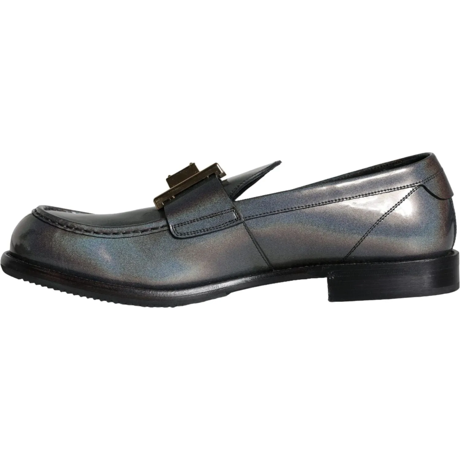 Dolce & Gabbana Silver Leather Logo Plaque Slip On Men Loafers Shoes